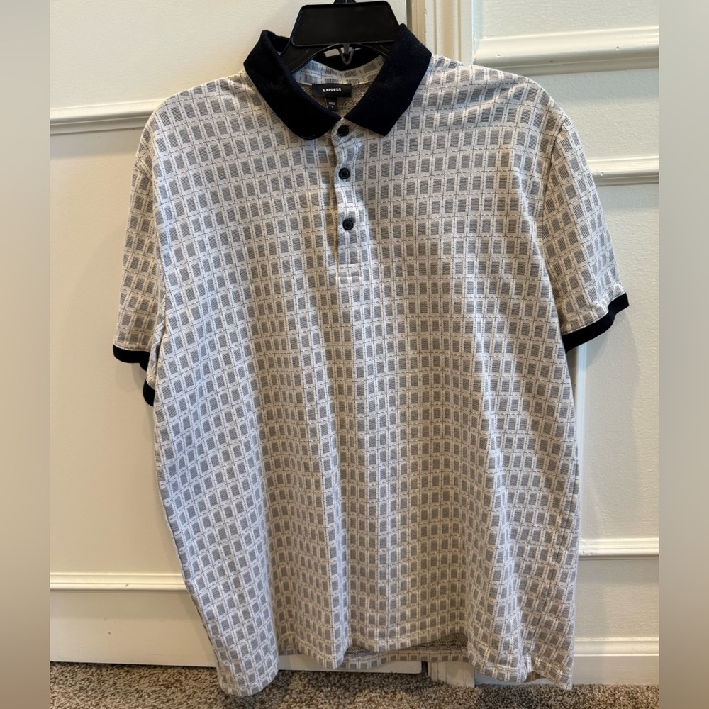 Express Men's Black and Cream Patterned Polo Shirt